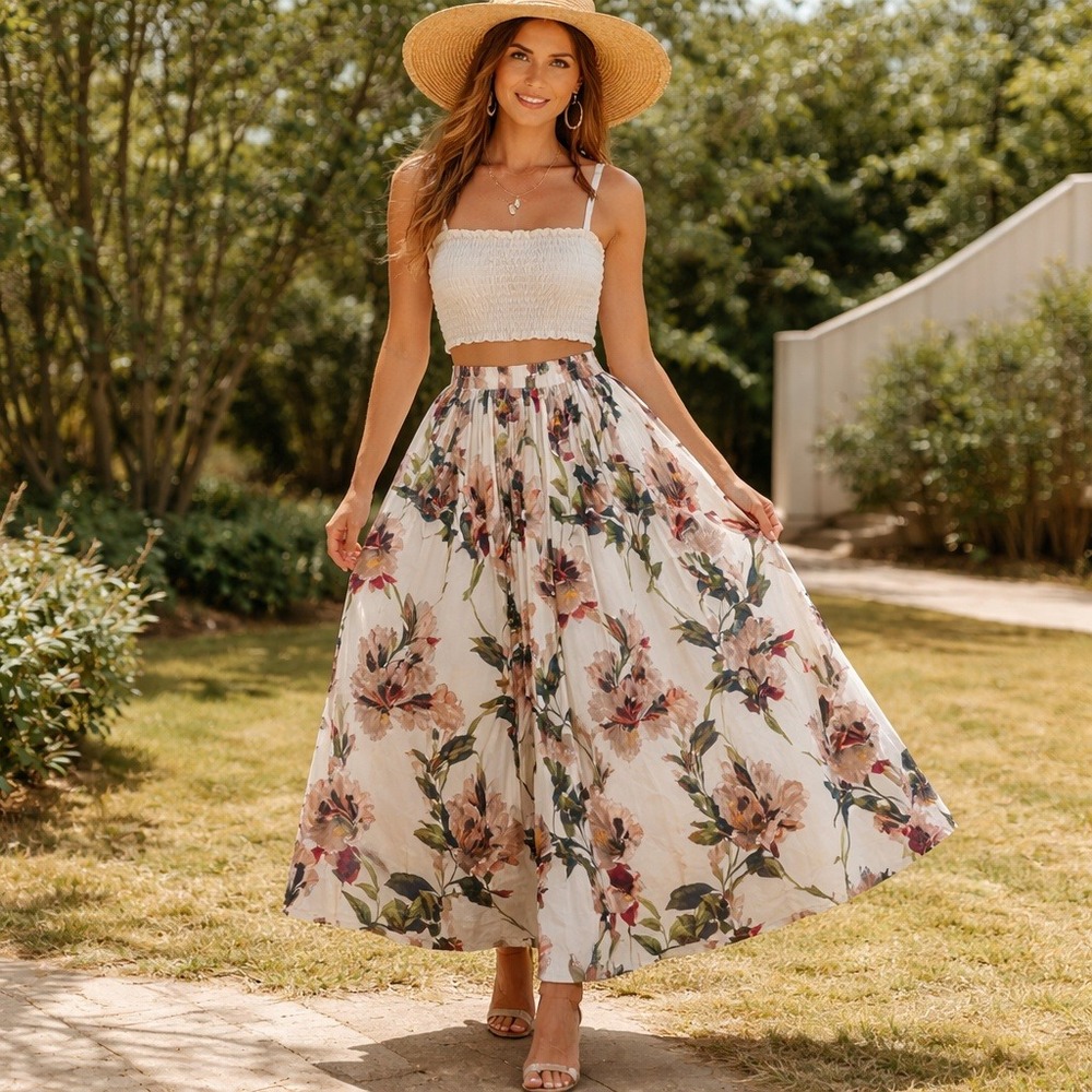 Zara Woman Floral Maxi Skirt Sz L Cream Boho Pockets Cottagecore Festival